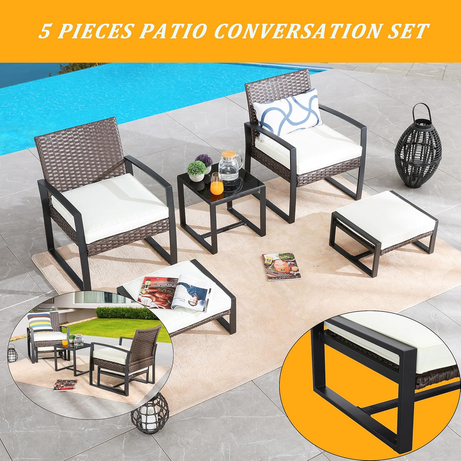 LOKATSE HOME 5-Piece Wicker Outdoor Conversation Set Patio Furniture PE Rattan All Weather Cushioned Chairs Balcony Porch with Ottoman and Glass Coffee Side Table, Beige: Garden & Outdoor