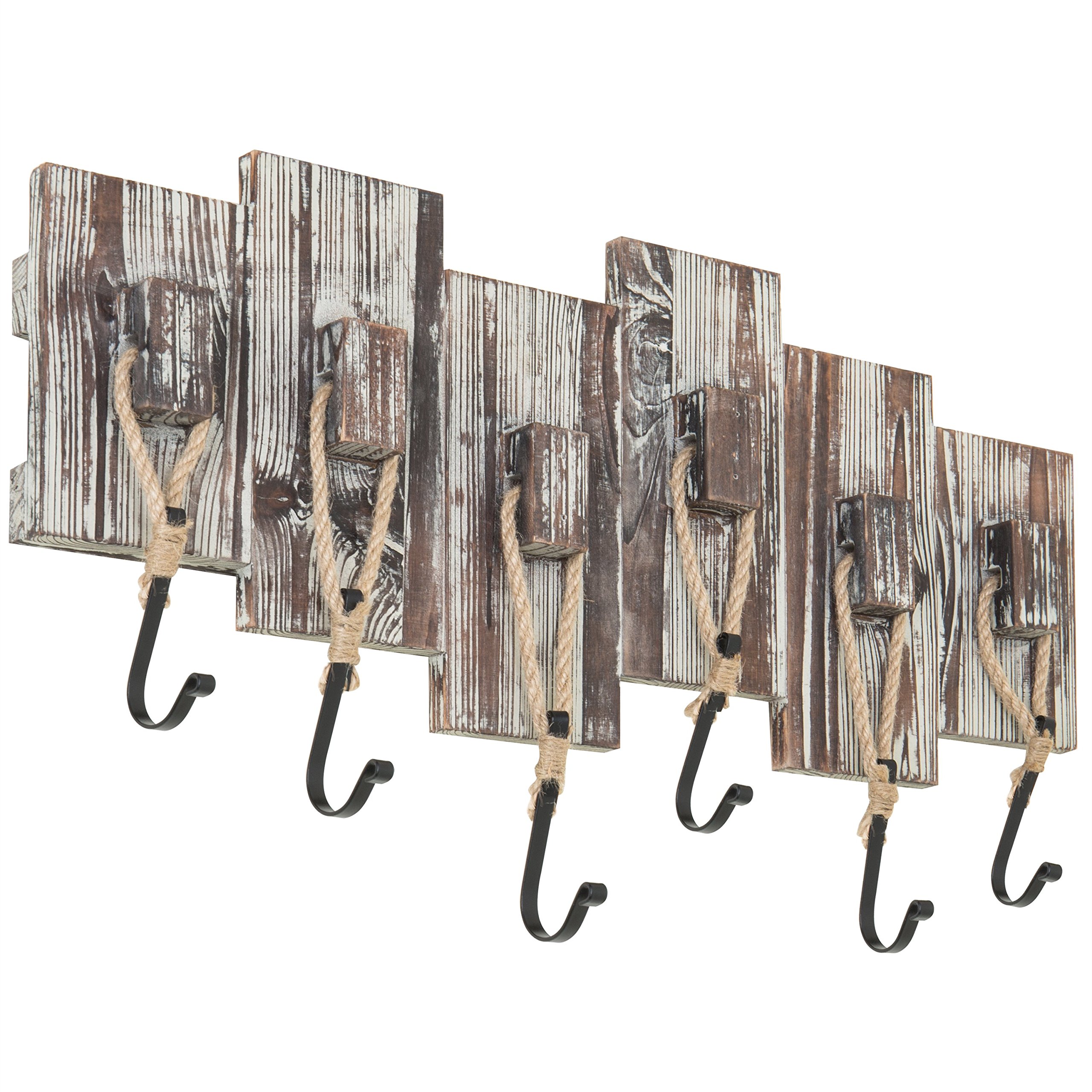 MyGift Nautical-Style Wall-Mounted Torched Wood Coat Rack with 6 Rope Hooks