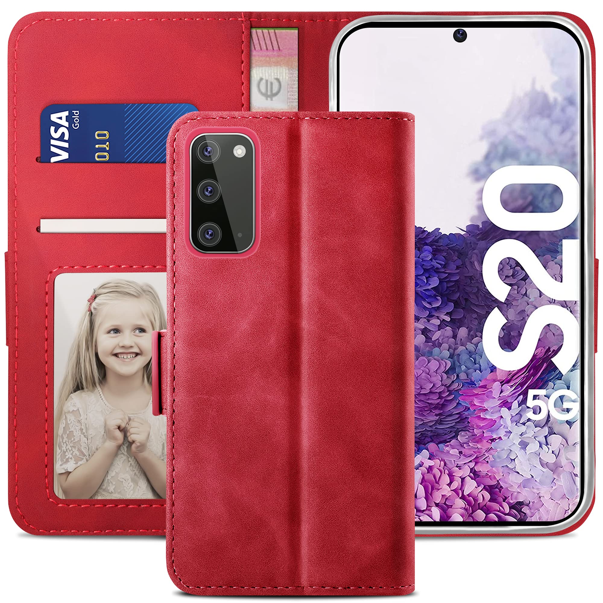 YATWIN Compatible with Samsung Galaxy S20 Case, Flip Wallet Leather Case with Card Slot and Shockproof Function Kickstand Phone Cases Cover for Samsung S20 4G/5G - Red