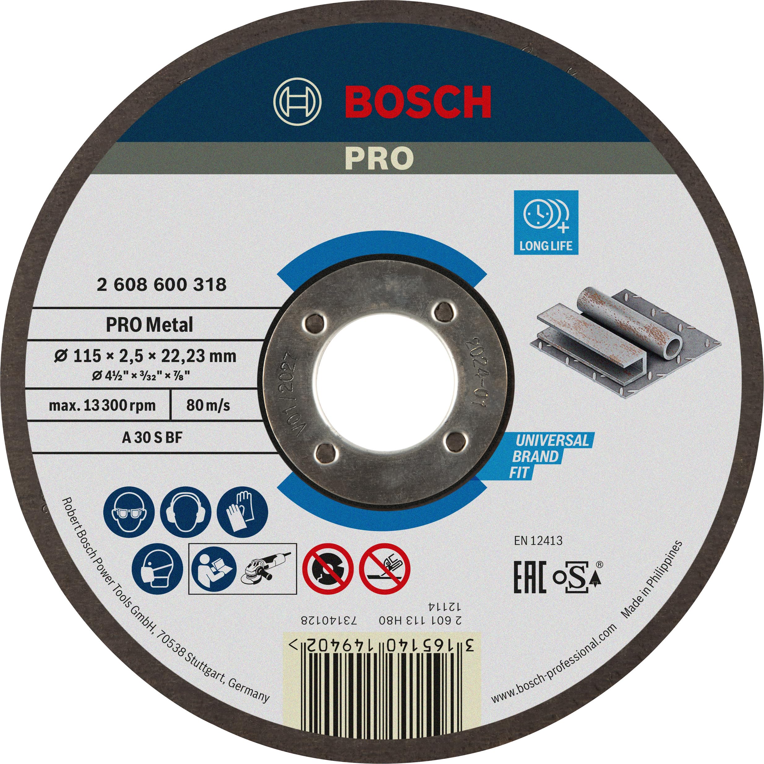 Bosch 1x PRO Metal Longlife Cutting Disc for Small Angle Grinder and Bore 22.23 mm (for Steel, Ø 115 mm, Professional Accessory Small Angle Grinder)