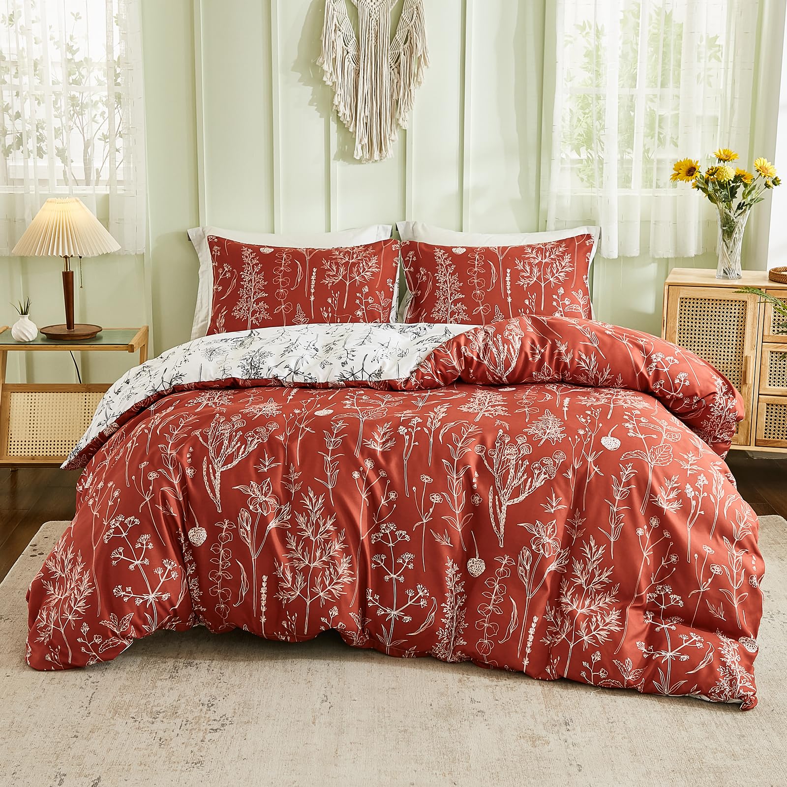 Herside Terracotta Plants Duvet Cover King Pastoral Style Bedding White Orange Branches Plants Reversible Design Botanical Bedding Set 1 Duvet Cover 2 Pillowcases (Burnt Orange, King)