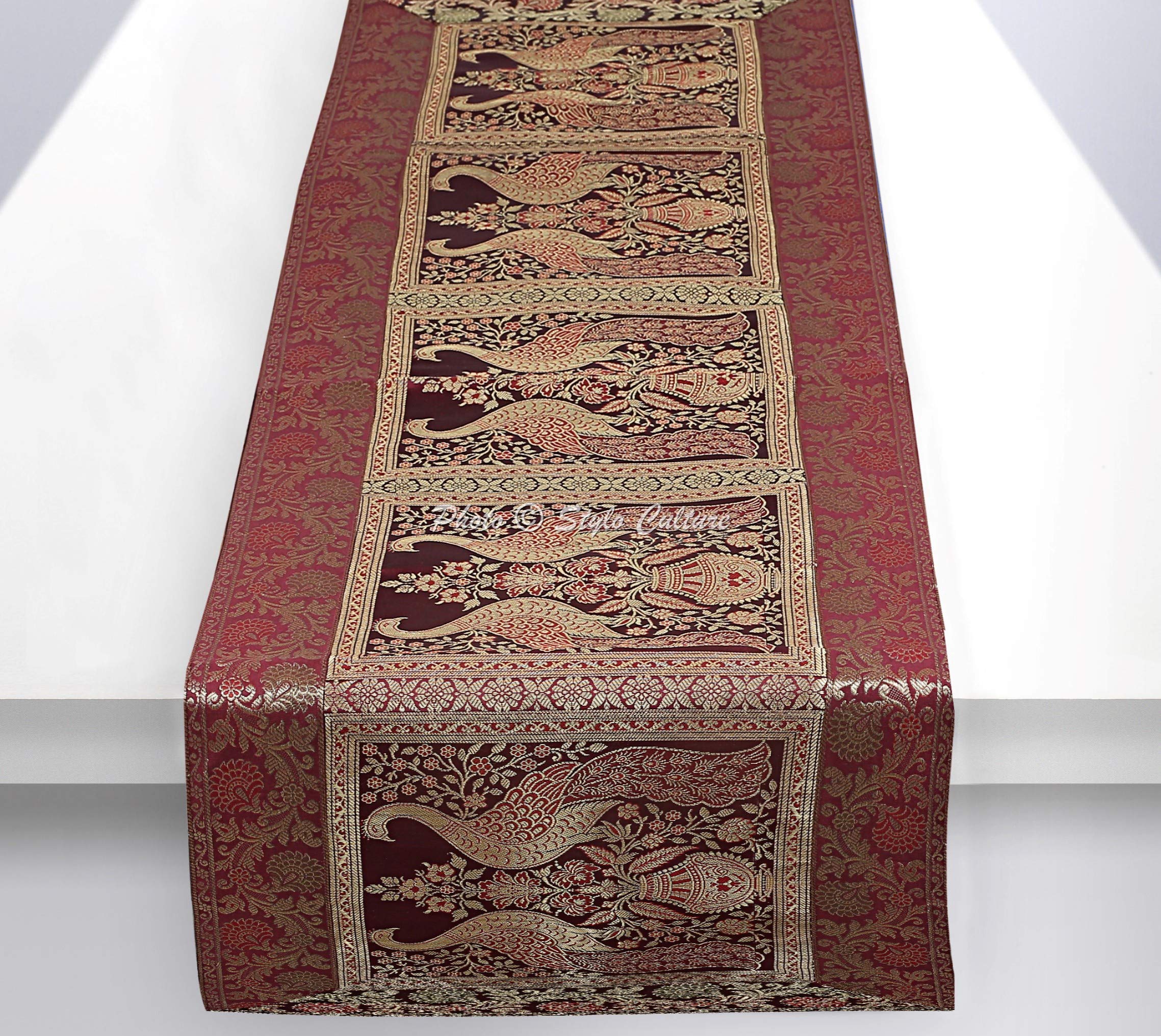 Stylo Culture Bohemian Long Wedding Table Runner Coffee Gold Peacock Floral Brocade Jacquard Rectangle Home Decor Indian Dining Room Tablecloth | 60x16 Inches ( 152 x 40 cm)