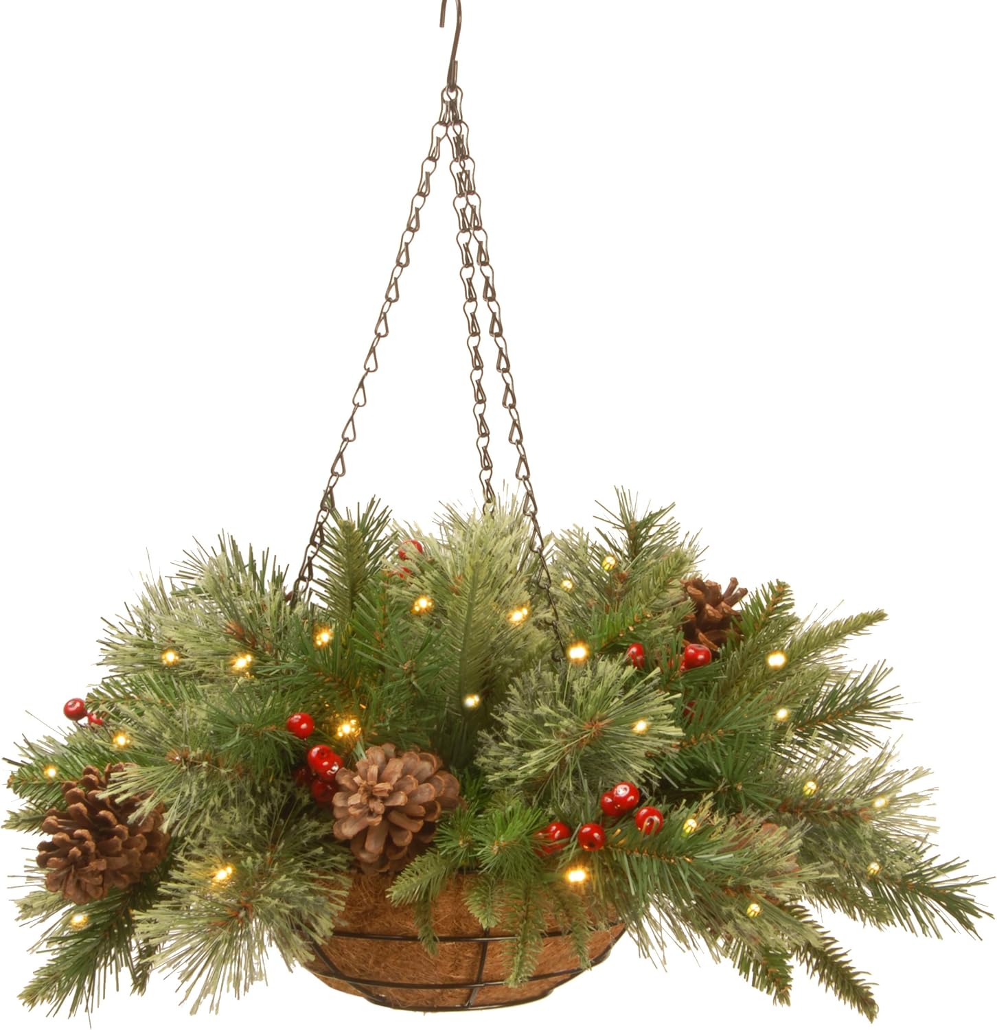 Trees - National Tree Company Pre-Lit 'Feel Real' Artificial Christmas Hanging Basket, Colonial, Decorated With Frosted Pine Cones, Berry Clusters, White Lights, Christmas Collection, 20 Inches