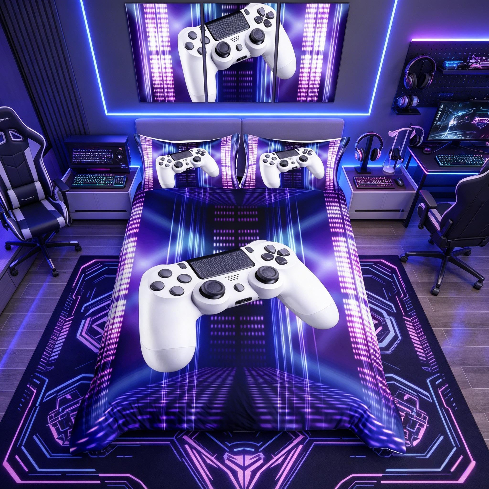 Loussiesd Gamer Bedding Set Single Boys Teenage Gaming Modern Vr Player Bed Cover For Teens Duvet Cover Play Joystick Home Bedroom Decor White Gamepad Blue Purple