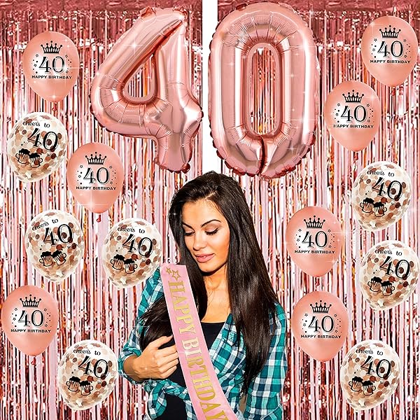 40TH BIRTHDAY DECORATIONS FOR WOMEN – (76PACK) ROSE GOLD PARTY BANNER, PENNANT, HANGING SWIRL, BIRTHDAY BALLOONS, FOIL BACKDROPS, CUPCAKE TOPPER, PLATES, PHOTO PROPS, BIRTHDAY SASH FOR GIFTS WOMEN