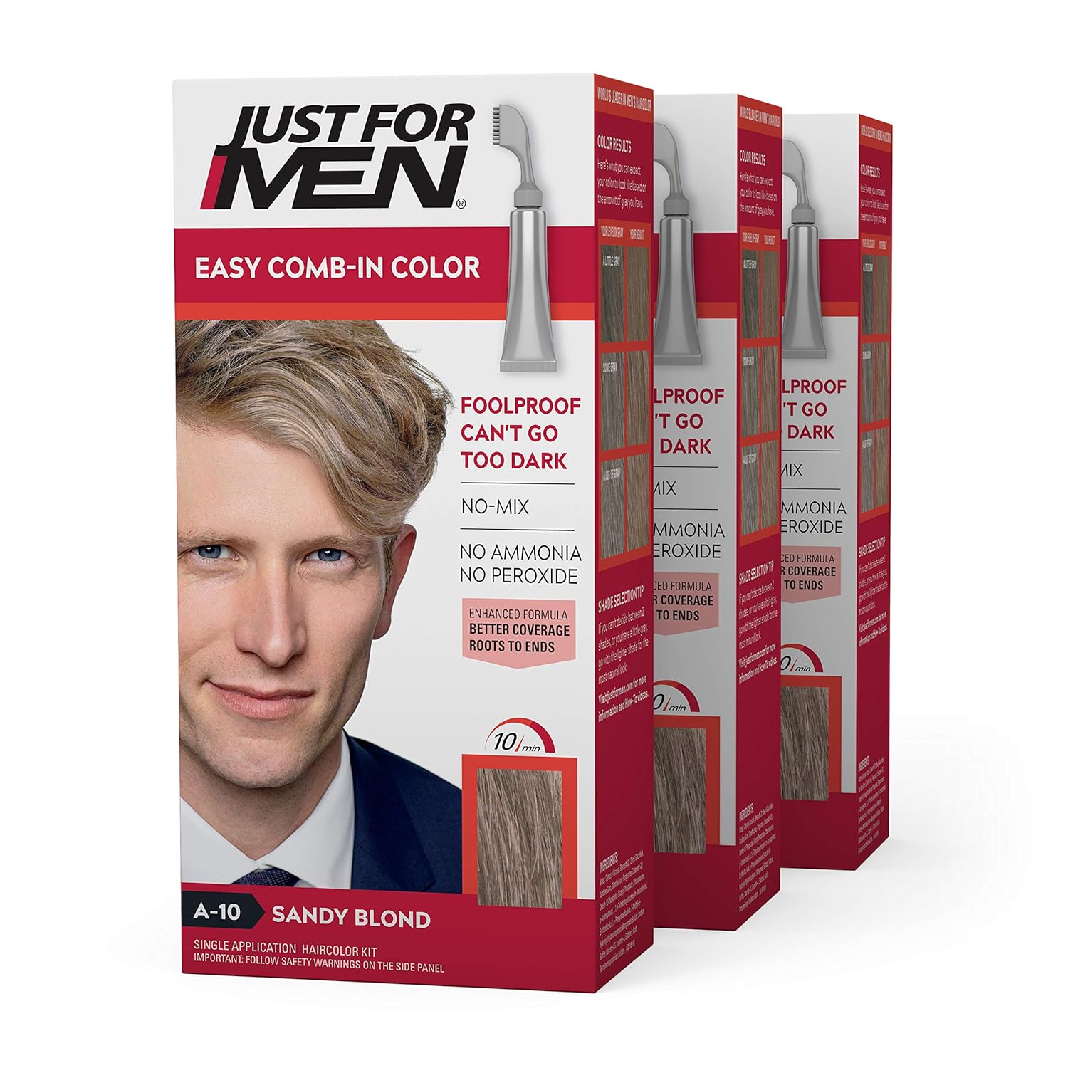 Just for Men Easy Comb-In Color (Formerly Autostop), Gray Hair Coloring for Men with Comb Applicator - Sandy Blond, A-10 - Pack of 3 (Packaging May Vary) : Beauty