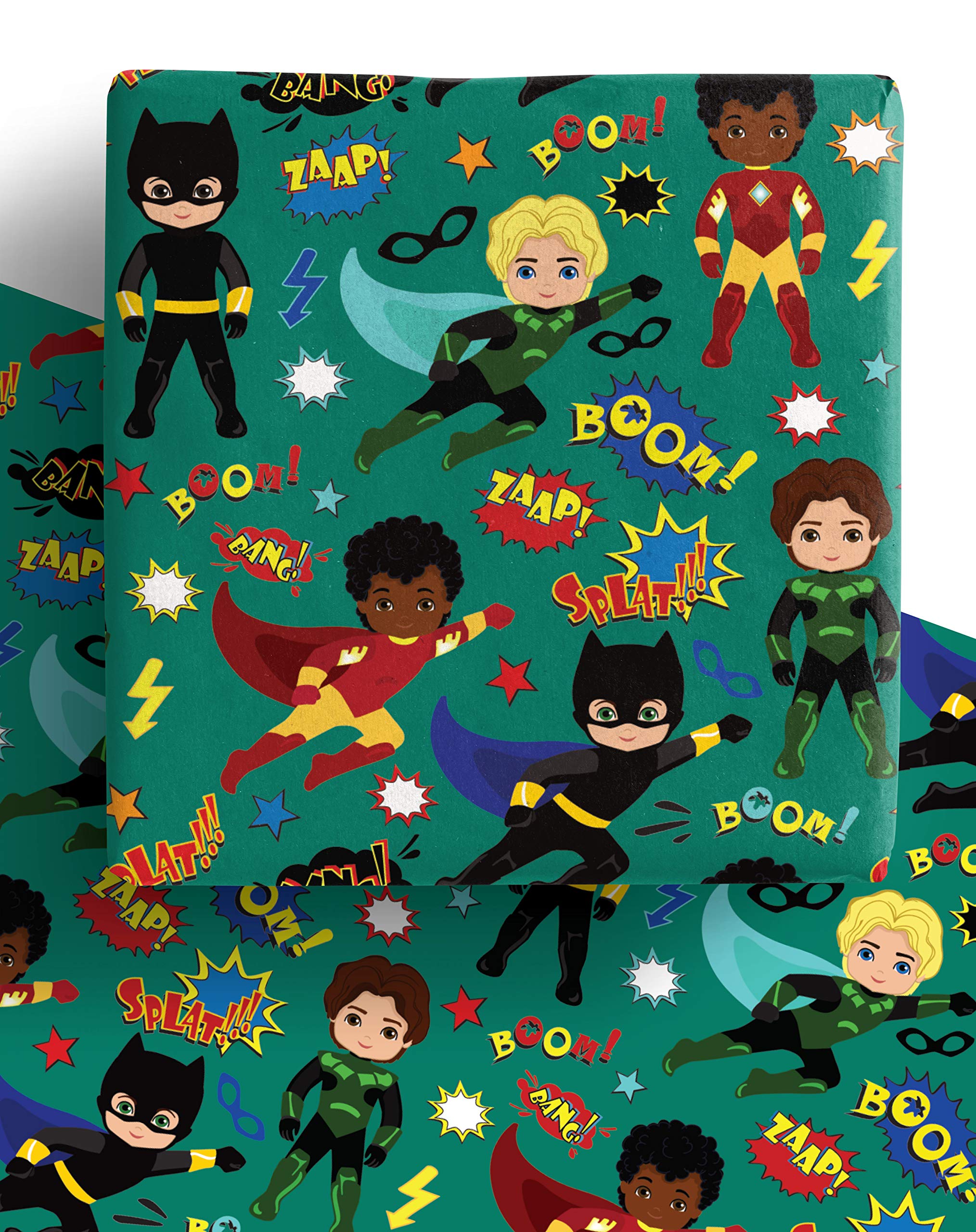4 x Superhero Multicultural Boys Wrapping Paper- Recyclable Gift Wrap Sheets Perfect for Father's Day, Birthday & More -70x50cm per sheet