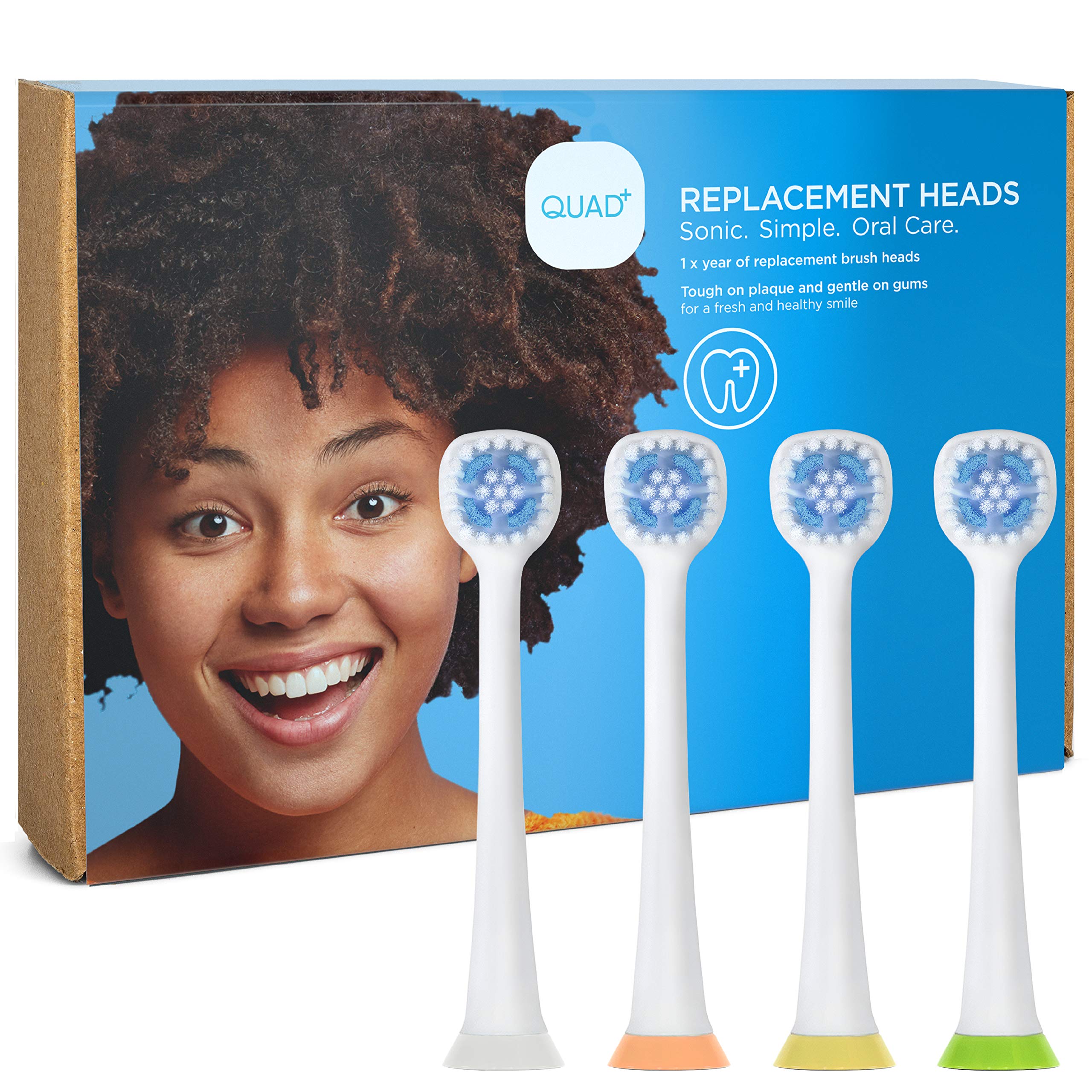 QUAD Sonic Toothbrush Replacement Brush Heads | 4 Pack of Dupont/Pedex Blend Heads for The Quad Sonic Toothbrush.