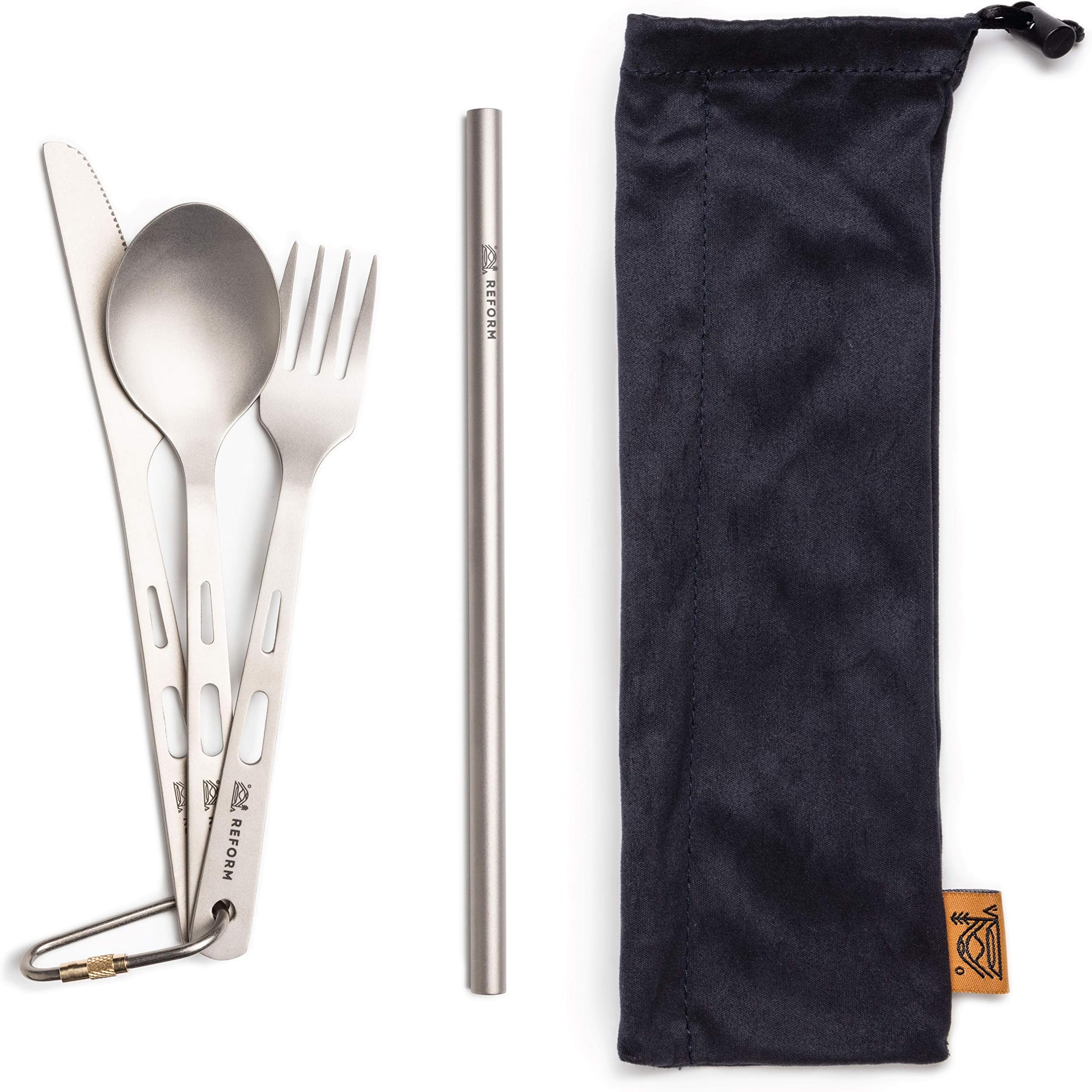 Titanium Reusable Utensils with Case - Fork, Spoon, Knife & Straw - Top Quality, Ultralight, Travel Utensil Set for Camping, Cooking & Backpacking