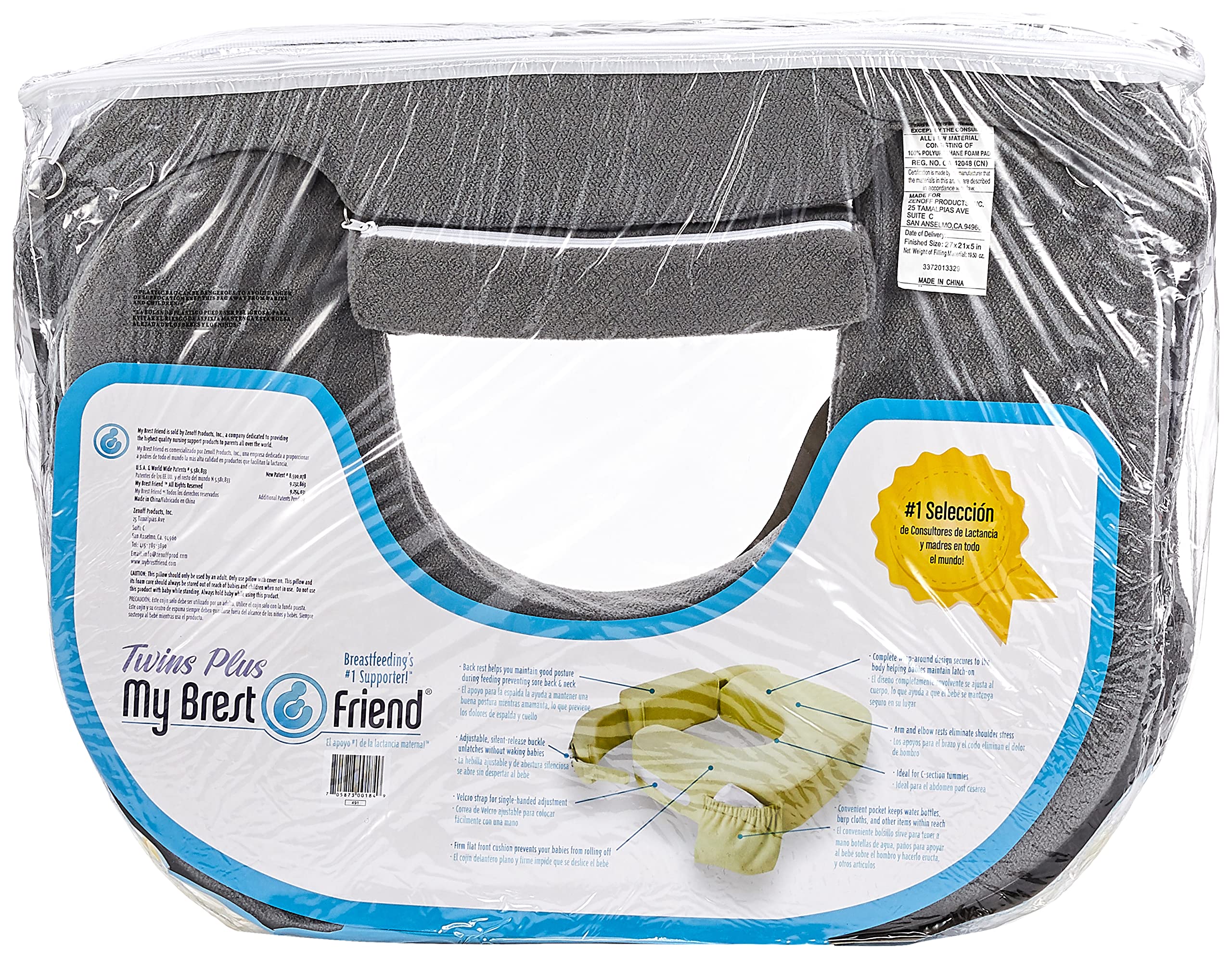 My Brest Friend Twin Nursing Pillow - Enhanced Comfort with Slipcover - Ultimate Ergonomic Support for Breastfeeding- Adjustable Strap and Silent Release Buckle with Handy Side Pocket, Evening Grey