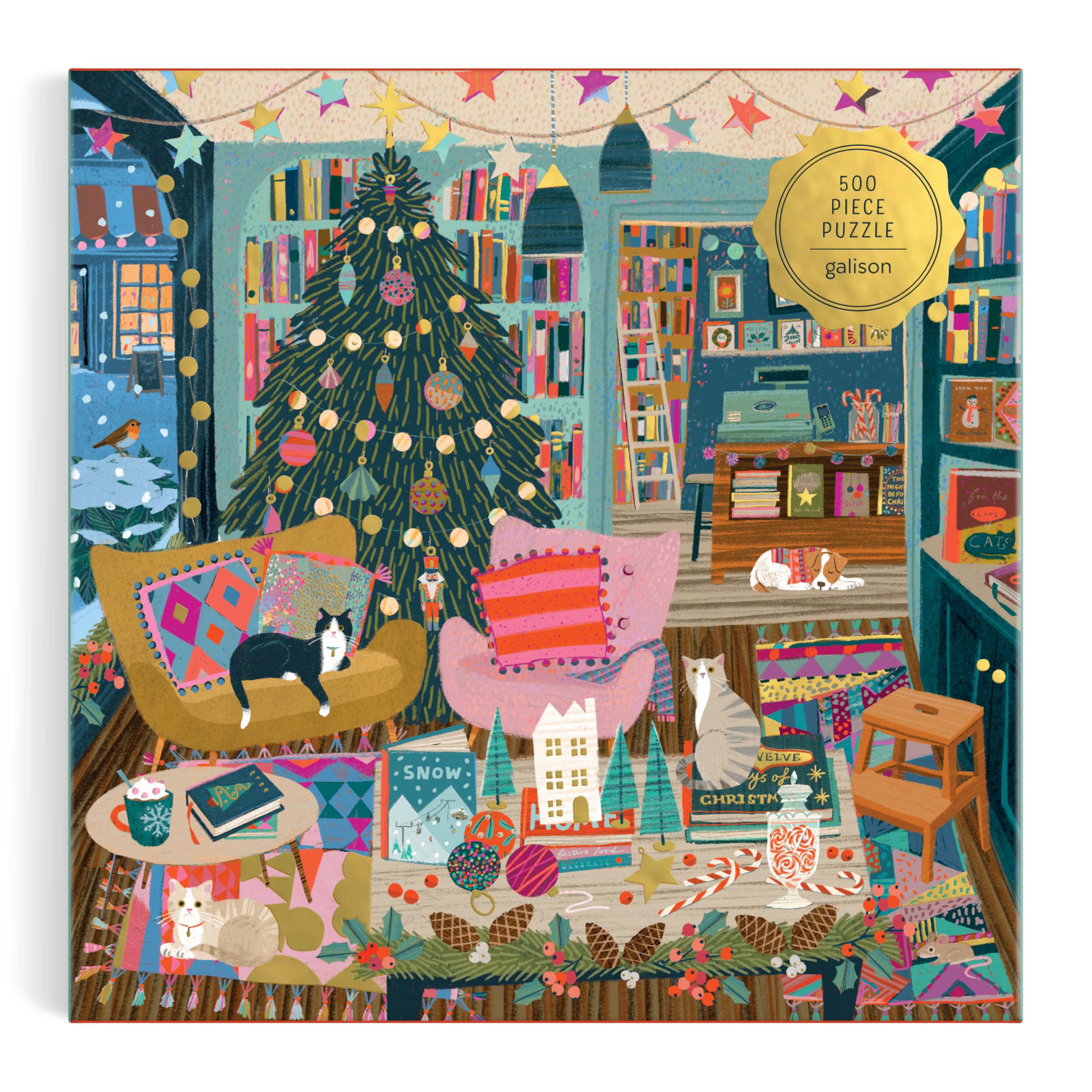Galison Season's Reading – 500 Piece Foil Jigsaw Puzzle Featuring Beautiful Artwork of A Cozy Christmas Bookshop Scene with Gold Foil Accents