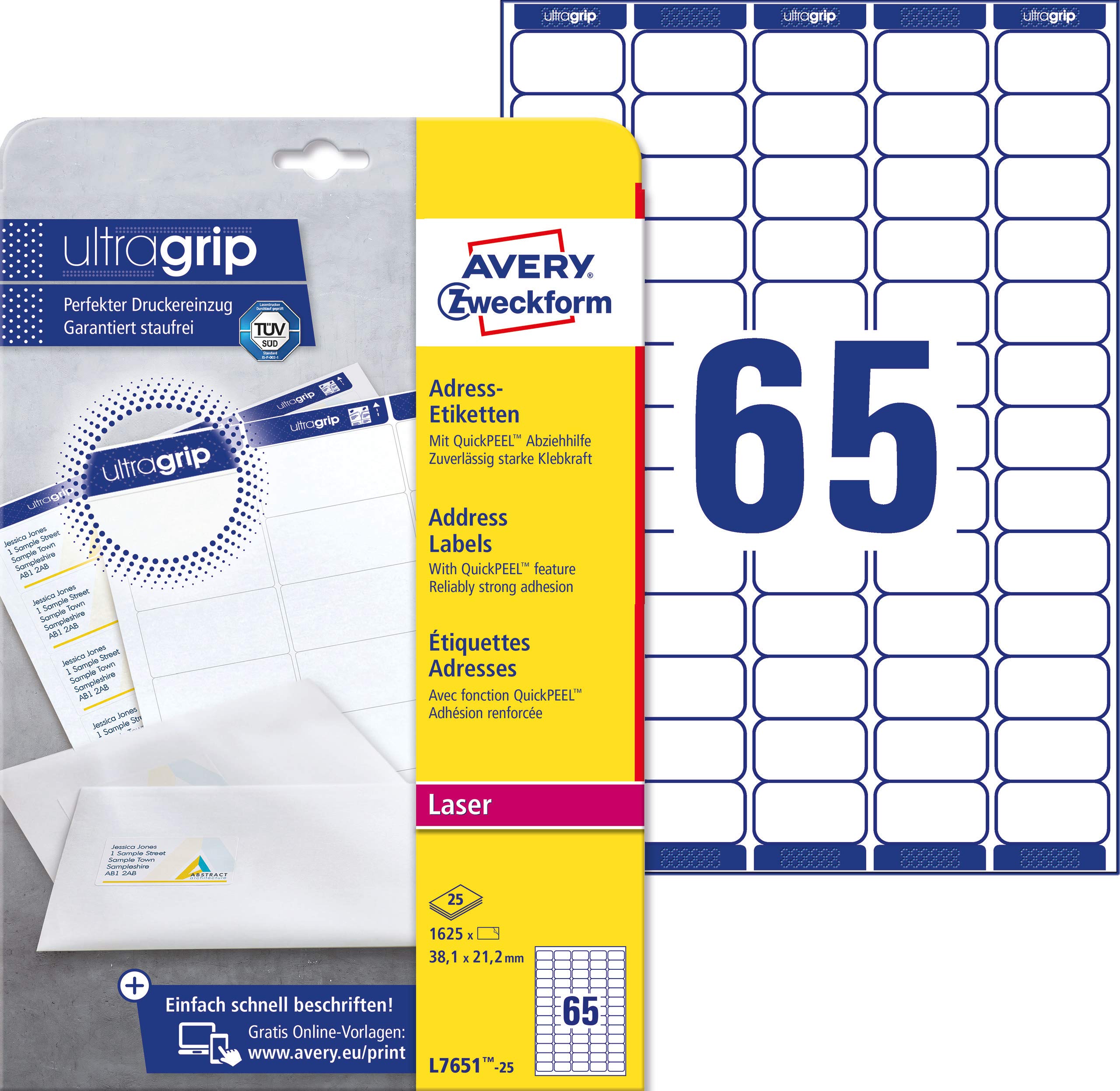 AVERY Zweckform L7651-25 Address Labels (1,625 Labels with Ultragrip, 38.1 x 21.2 mm on A4, Printable, Self-Adhesive for Labels, Matte Paper) 25 Sheets White