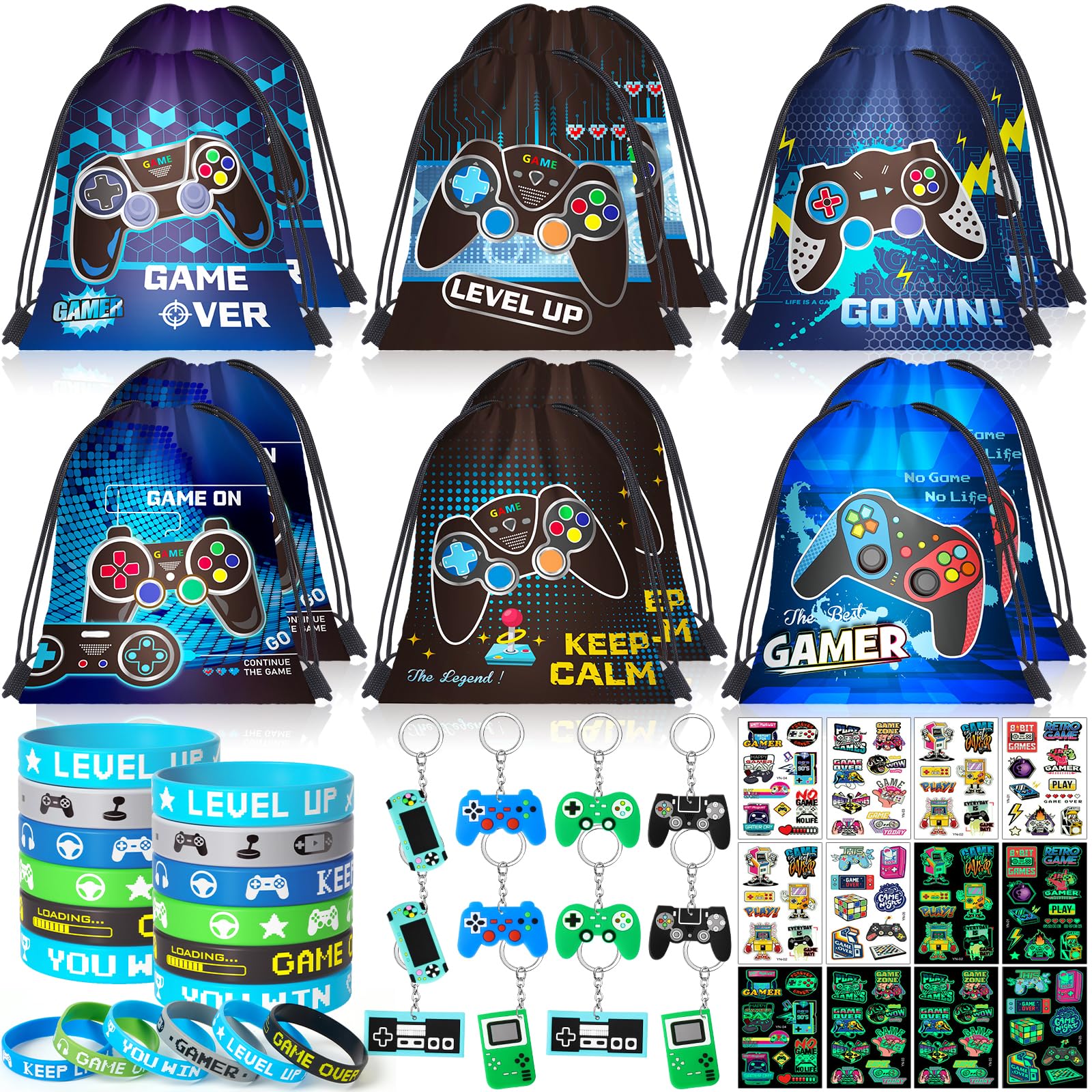 vamei 48pcs Gaming Party Bag Fillers with Drawstring Bags Keychains Silicone Bracelets Tattoos Gift Bags Kids Pinata Fillers Gamer Birthday Party Supplies Favours for Boys