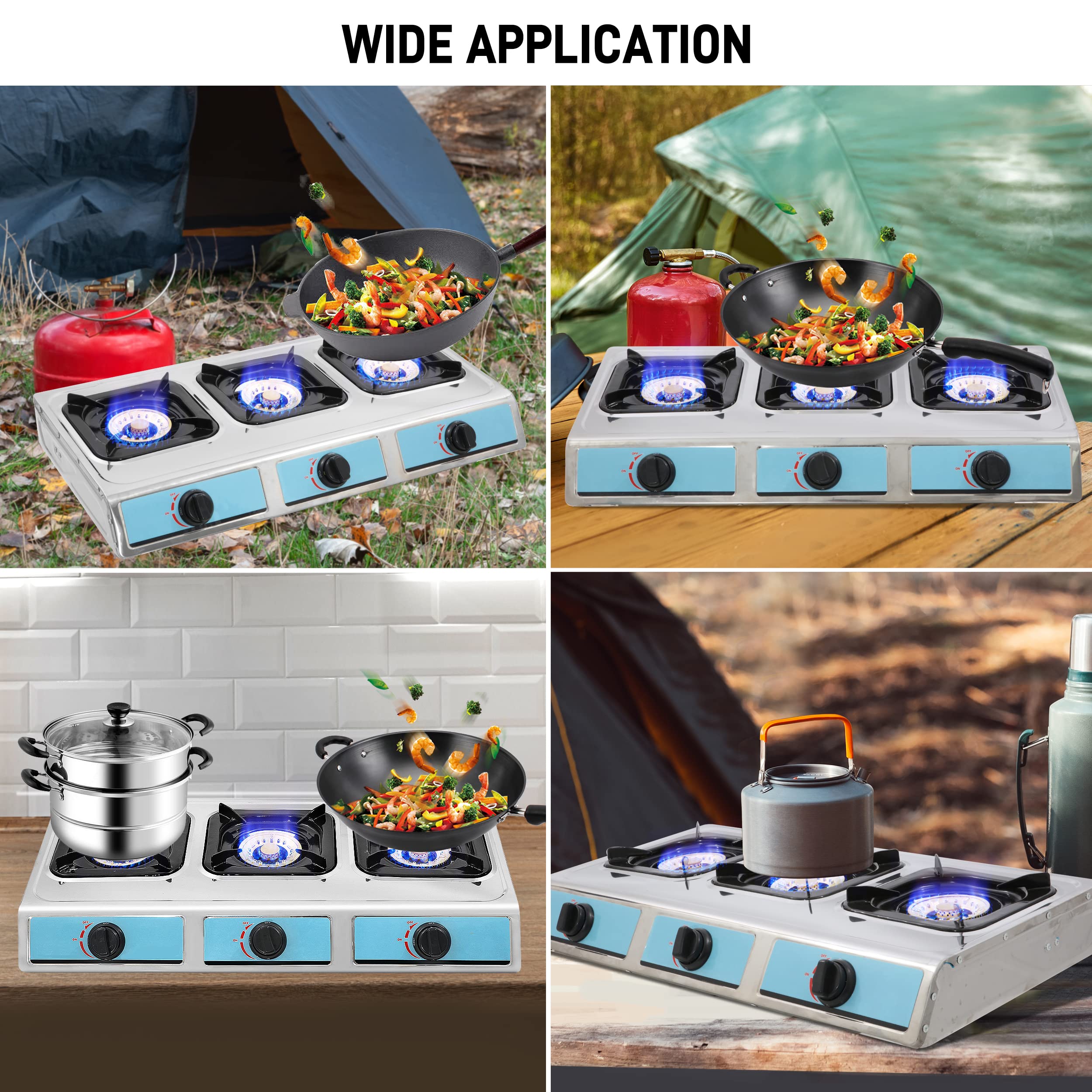 Stainless Steel 3 Burner Propane Gas Stove - Auto Ignition, Portable LPG for RV, Apartment, Outdoor