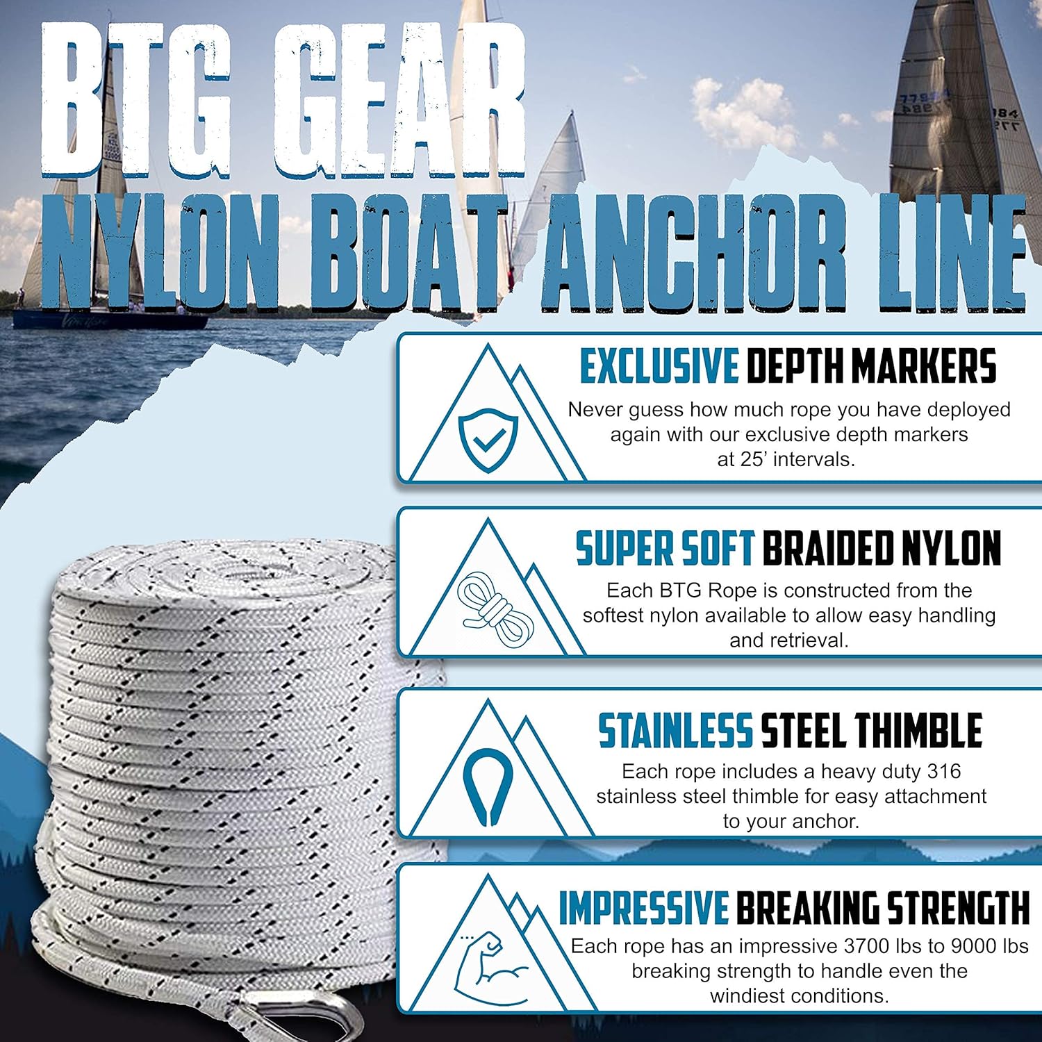 BTG Gear Nylon Boat Anchor Line w/Stainless Steel Thimble & Depth Markers : Sports & Outdoors