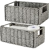 Vagusicc Wicker Storage Basket, Set of 2 Hand-Woven Paper Rope Wicker Basket, Small Storage Baskets for Organizing Toilet Paper Basket, Foldable Large Cube Storage Organizer Bins for Shelves (Grey)