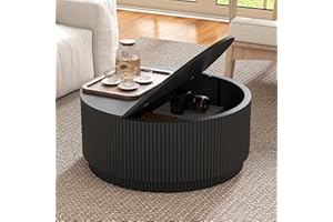 LEVNARY 31.5" Round Coffee Table with Storage, Modern Accent Coffee Tables with Fluted Base, Wooden Circle Center Table for Living Room Small Space Apartment Office (Black)