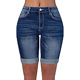 Queenwin Women's Mid Rise Bermuda Shorts Stretchy Long Rolled Hem Denim Jean Shorts