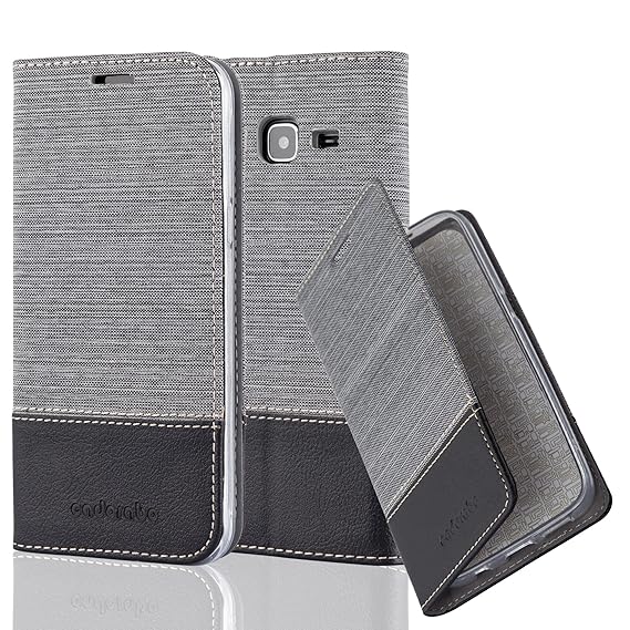 Cadorabo Hülle für Samsung Galaxy J3 2016 (6) - Hülle in GRAU SCHWARZ – Handyhülle mit Standfunktion und Kartenfach im Stoff 