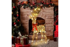 JOYHUE Christmas Reindeer Outdoor ，47.2" H Reindeer Christmas Decoration，Light Up 3D Rattan Standing Christmas Deer with 70 Warm Led Lights for Xmas Outdoor Indoor Holiday Yard Garden Decoration
