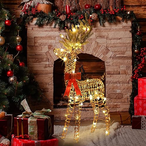 Christmas Reindeer Outdoor ，47.2" H Reindeer Christmas Decoration，Light Up 3D Rattan Standing Christmas Deer with 70 Warm Led Lights for Xmas Outdoor Indoor Holiday Yard Garden Decoration