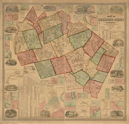 Amazon.com: Merrimack County NH 1858 Map Wall Map with Homeowner Names