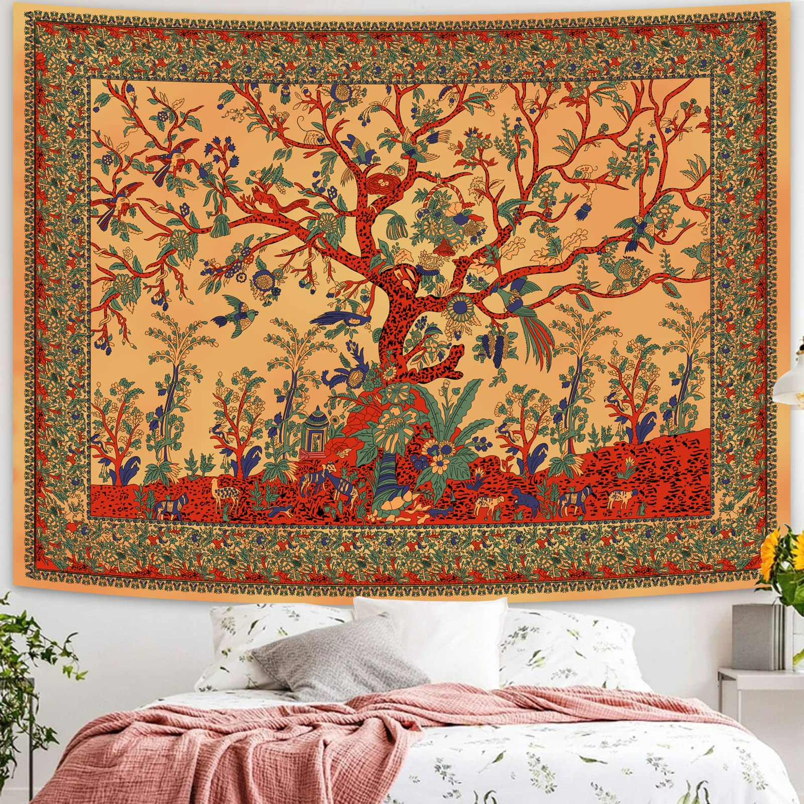 Simpkeely Tree of Life Tapestry, Aesthetic Indian Mandala Wall Hanging, Tie Dye Bohemian Tapestries Wall Art Décor for Bedroom, Dorm, Living Room 150cm x 200cm (Yellow)