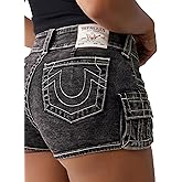 True Religion Women's Zipper Mid-Rise Hot Shorts - Midnight Mayhem | Denim Shorts with Zip