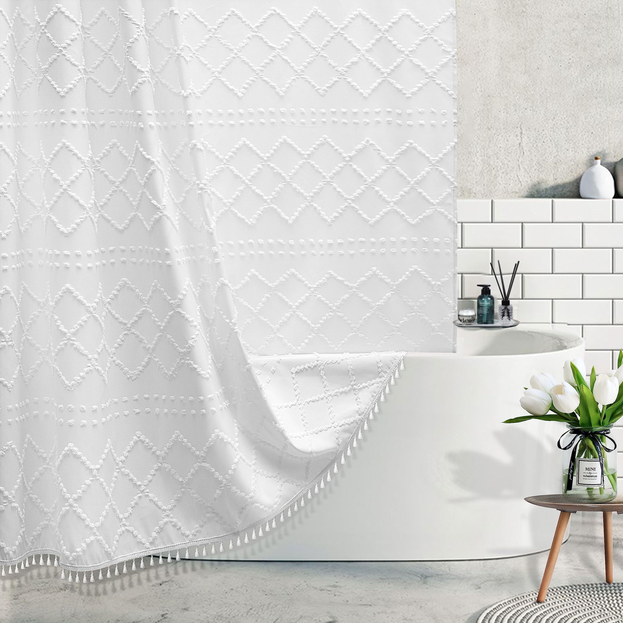 Photo 1 of Boho White Woven Fabric Shower Curtain with Tassel 72 x 72 Modern Farmhouse Minimalist, Tufted Chevron Striped Shabby Chic Textured, Water Resistant Cloth Curtain for Bathroom, Hotel Decor