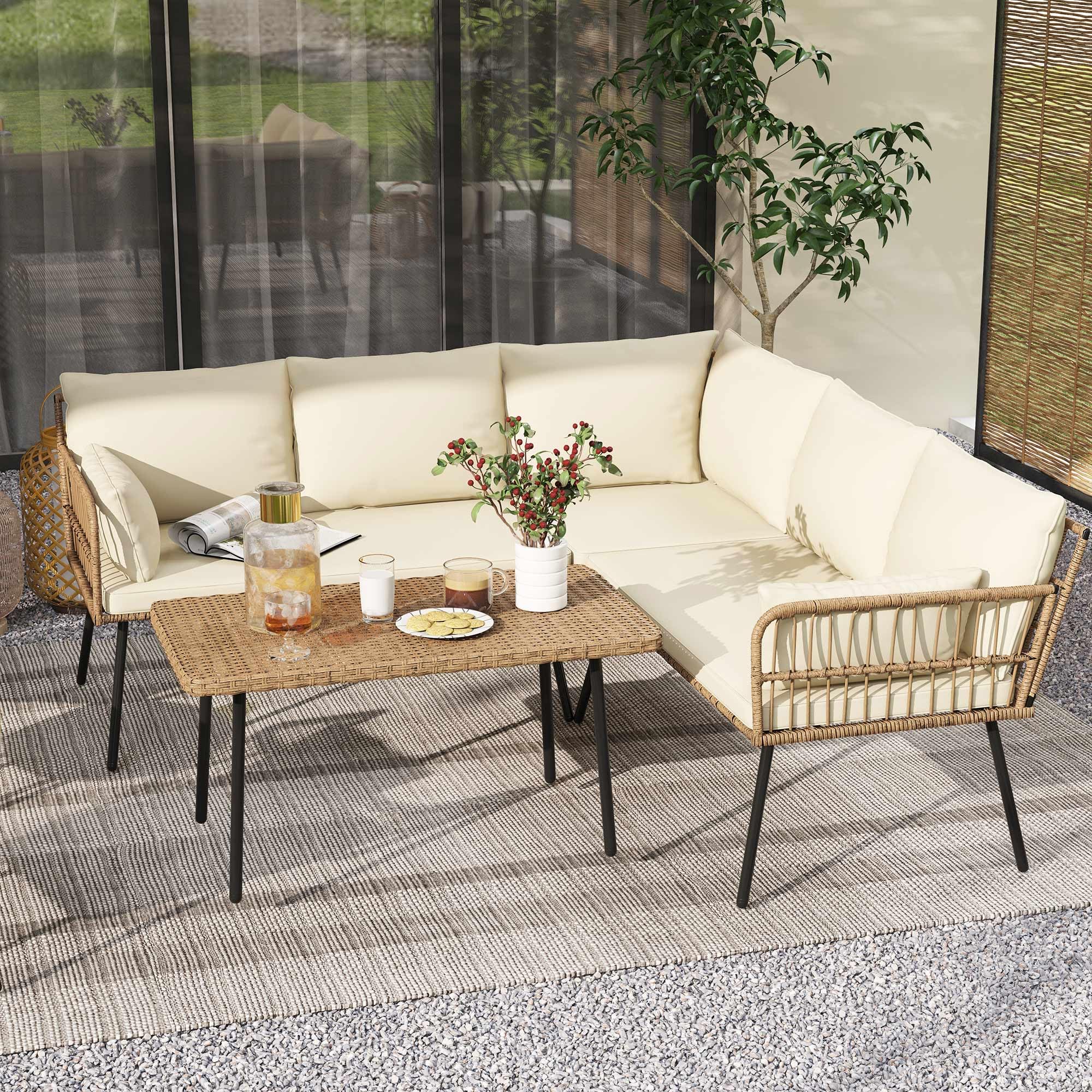 Photo 1 of DWVO Patio Furniture Set, 4 Pieces Outdoor Patio Conversation Set, All-Weather PE Rattan Sectional L-Shaped Sofa with Soft Cushion and Side Table for Backyard, Porch, Boho Detachable Lounger (Beige)