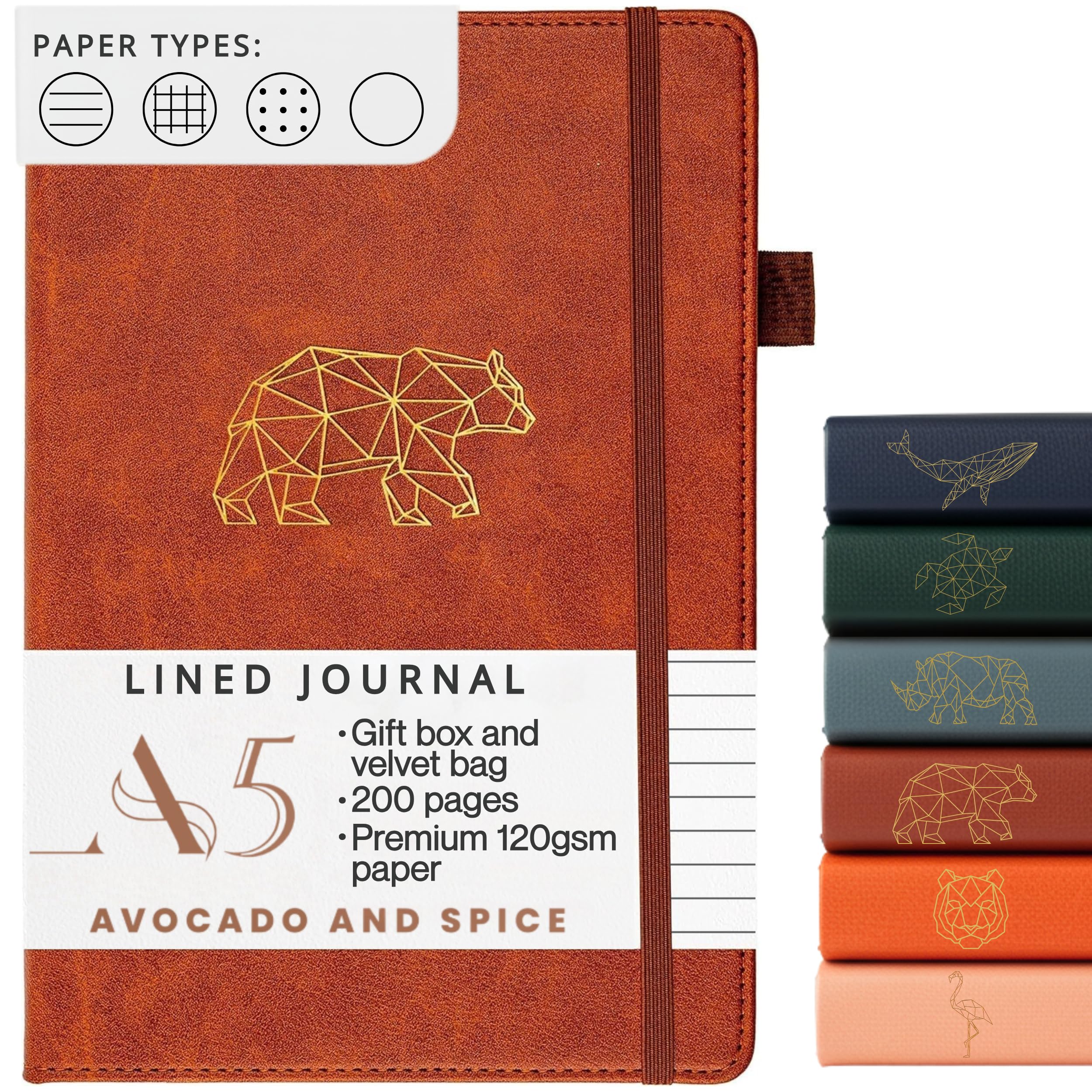 Notebook A5 Lined by Avocado and Spice® - Hardback A5 Journal Notebook - Faux Leather Notepad - Bookmark, Elastic Strap, Pen Holder, 200 Thick Pages (Brown, Lined) — image 1