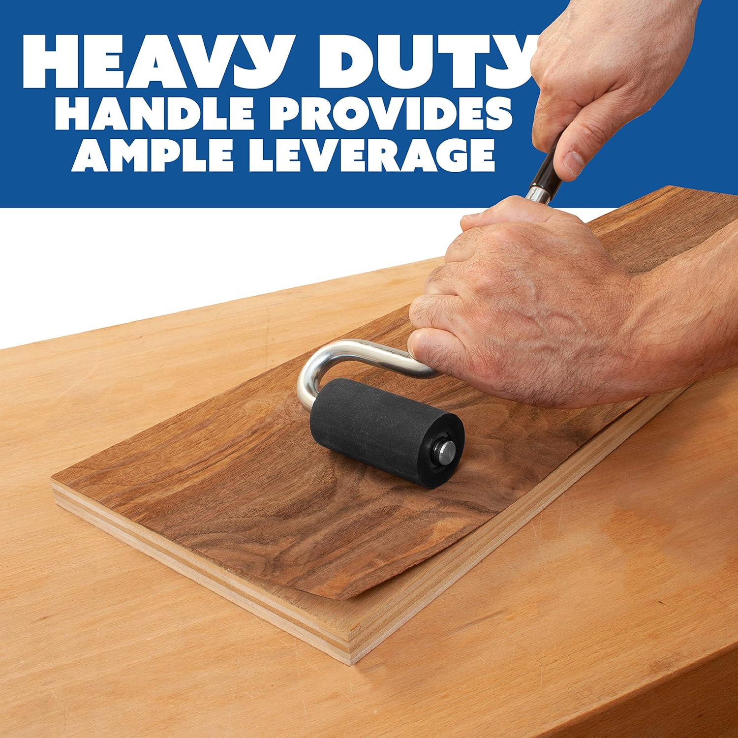 Long Handle J Roller with Thick Rubber Roller 1-1/2” in Diameter by 2-7/8” Wide For Veneers Laminate Wall Coverings and Edge Banding for Maximum Pressure Adhesion - - 