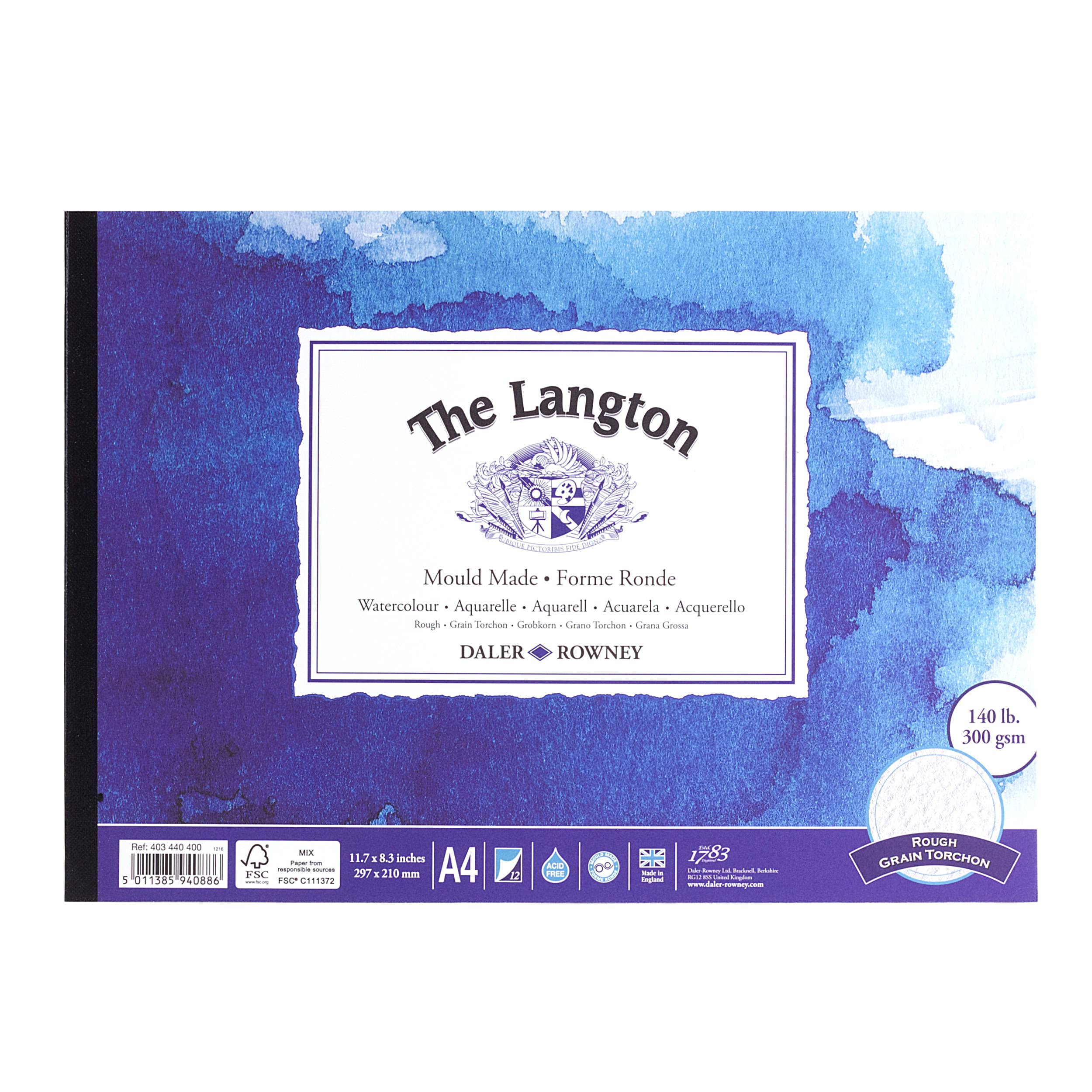 Daler-Rowney The Langton Rough 300gsm A4 Watercolour Paper Pad, Glued 1 Side, Acid-free, 12 Natural White Sheets, Ideal for Professional Artists