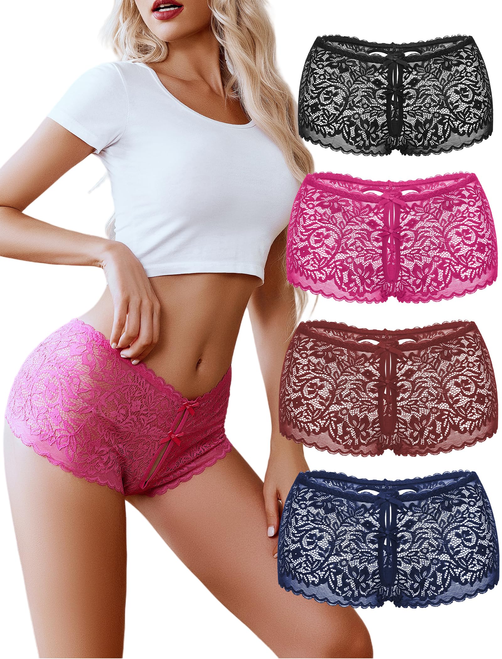 Photo 1 of Avidlove Sexy Underwear For Women Lace BoyShorts Panties High Waist Panties Soft Cheeky Panties Black/Rose Red/Wine Red/Navy Blue L