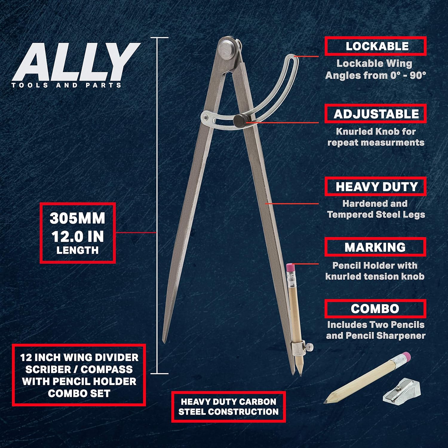 ALLY Tools Professional 12 inch Locking Wing Divider Pencil Holder/Compass Scribe INCLUDES Two Pencils and Metal Pencil Sharpener Ideal for Drawing Circles, Woodworking, Metalworking, and Leather Work: Home Improvement