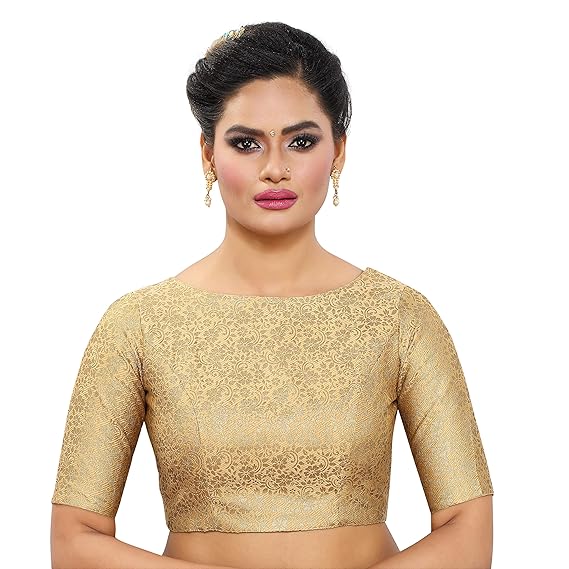 WOMEN'S BROCADE READYMADE SAREE BLOUSE with BOAT NECK and ELBOW LENGTH SLEEVES