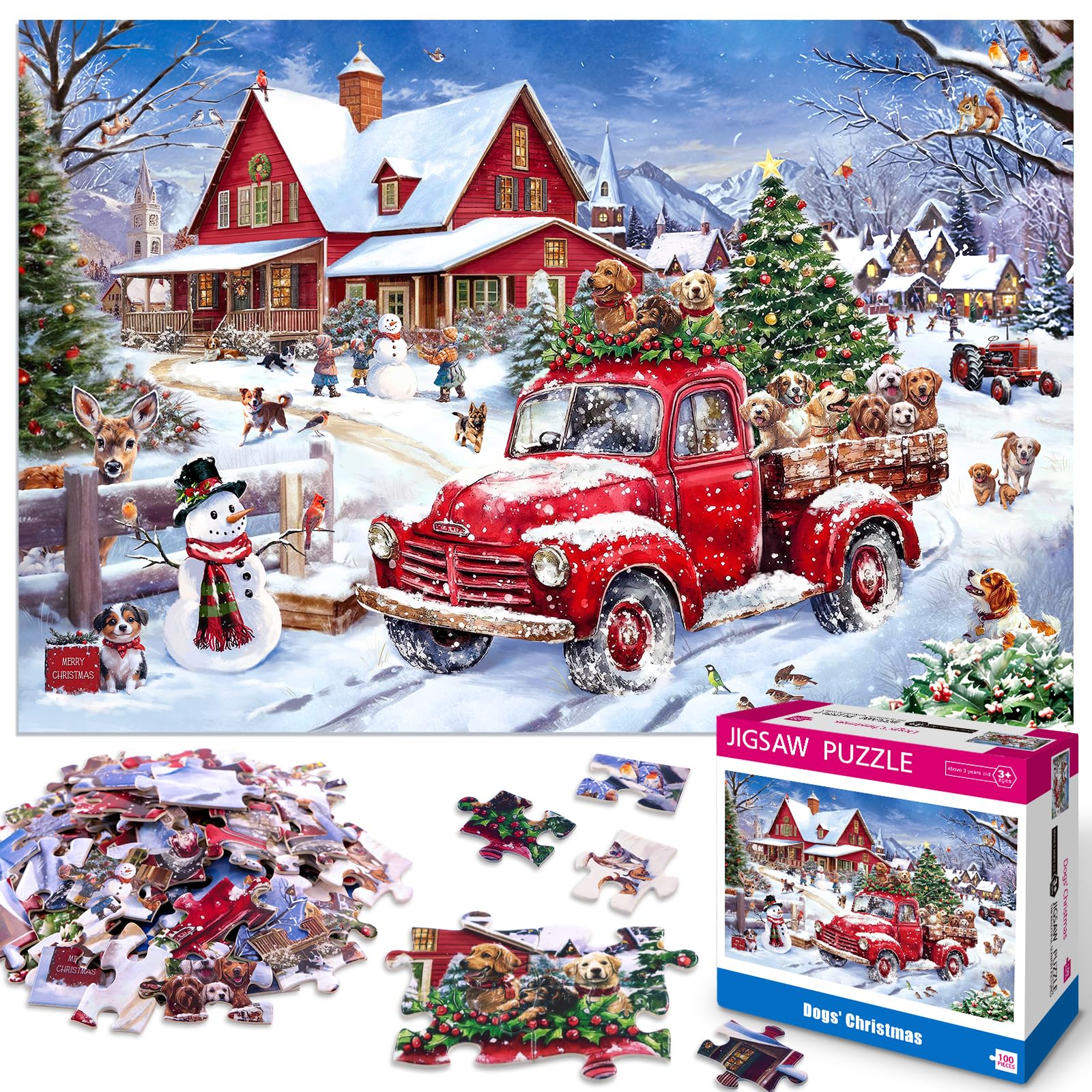 Photo 1 of 100 Piece Christmas Puzzle for Kids Ages 4-8 Jigsaw Puzzles 100 Pieces for Boys Girls Ages 6-8 8-10 - Dogs' Christmas