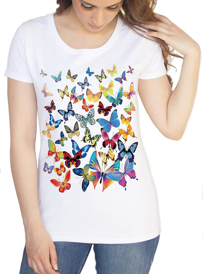 Women’s White TShirt with Scattered Butterfly Print TSA05 (Large) Clothing