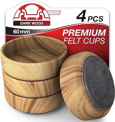 Medipaq Felt Castor Cups 4 Large 60mm Dark Wood Grain Floor Protectors