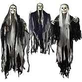 Hourleey 3 Pack Halloween Hanging Skeleton Ghosts Decorations Outdoor | Scary Flying Grim Reapers Skull Ghost Halloween Decor for Yard Porch Frontdoor Party Indoor Haunted House Props Outside