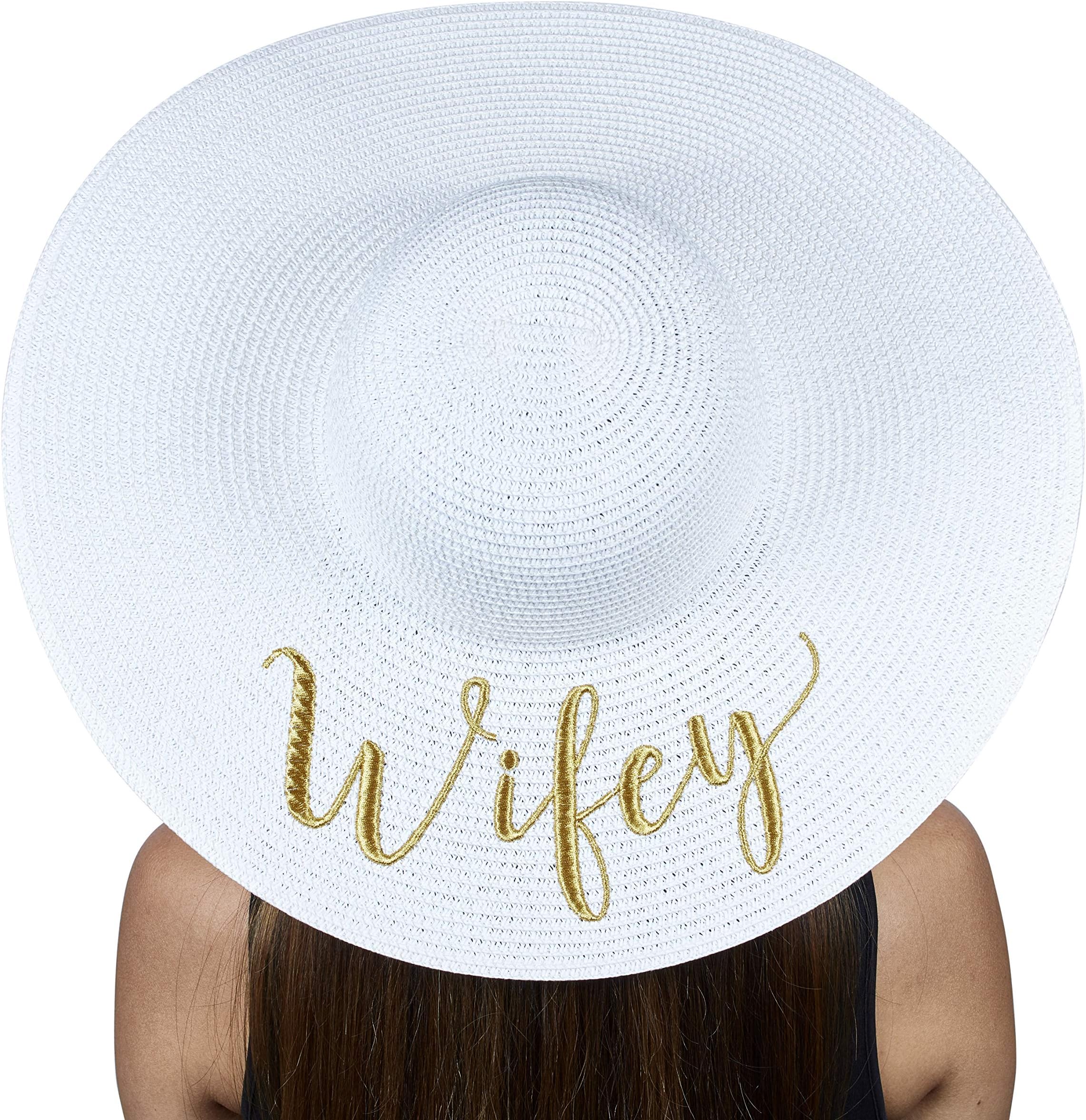 Womens Embroidered Straw Sun Hat Bridal Shower Gift Bachelorette Honeymoon