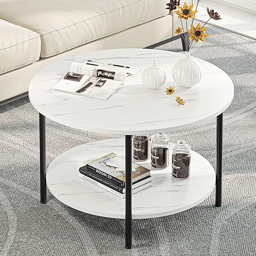 YITAHOME Round Coffee Table,2-Tier Industrial Sofa Coffee Tables with Storage Shelf for Living Room,Circle Rustic Wooden Surface Tabletop and Sturdy Metal Legs for Outdoor Patio Easy to Assemble