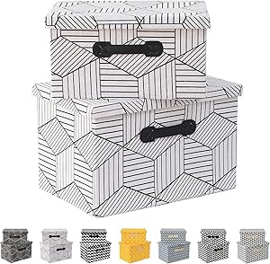 Enzk&Unity Foldable Lidded Storage Bins Cube Fabric Storage Basket with Handle Organizer Box Containers for Shelf Home Office Closet Nursery, 2 Pack, White