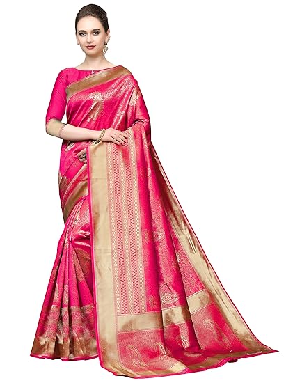 COTTON SHOPY Womens Banarasi Silk Blend Saree With Unstitched Blouse Peice (Cott-963_Pink)
