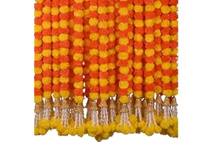 DIYANA IMPEX Marigold Garland for Decoration 5 Pcs of 5 feet Long Strands Artificial Marigold Flowers with Bell, Indian Décor for Pooja/Diwali Decorations/Christmas (Orange + Yellow)