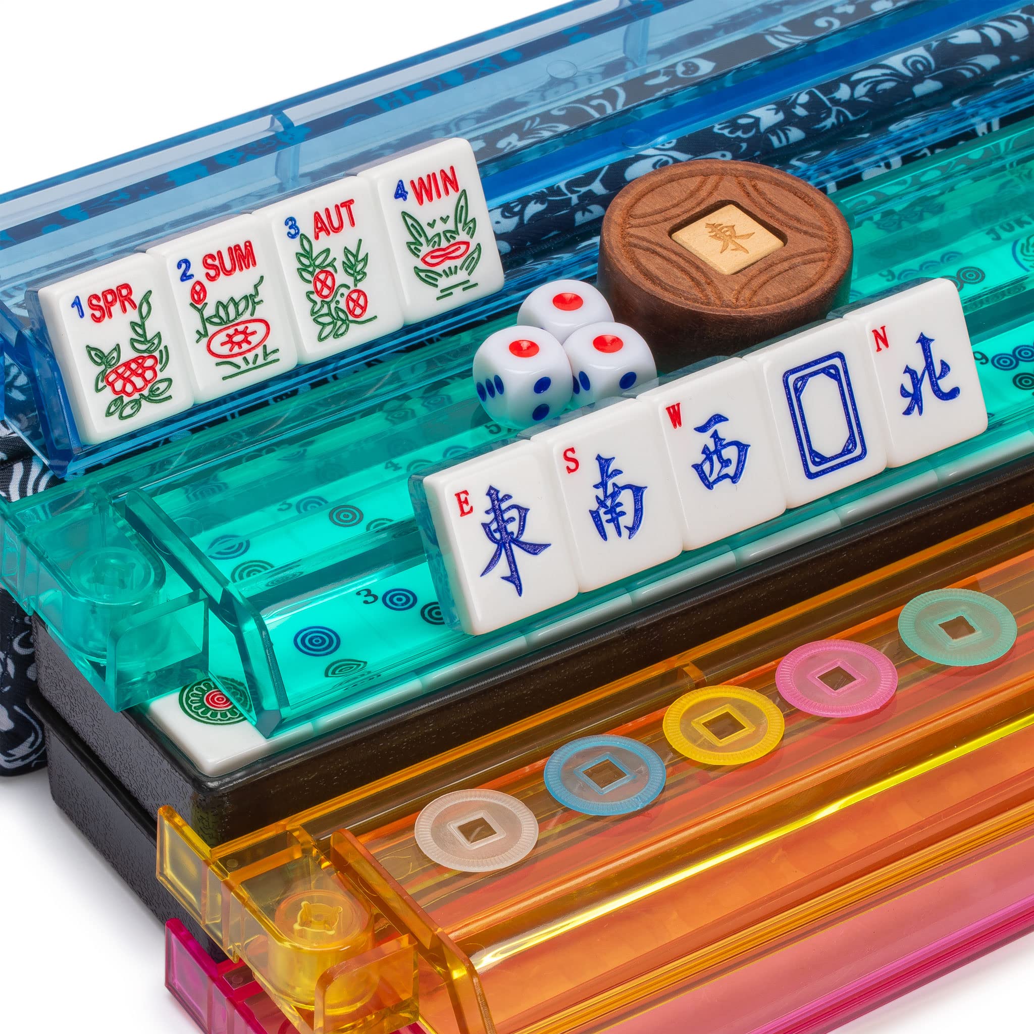 Yellow Mountain Imports American Mahjong Set, Chinoise II with Floral Blue Soft Case - All-in-One Racks with Pushers, Wright Patterson Betting Coins, Dice, & Wind Indicator