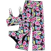 Seanrui Girls Swimsuit 3 Piece Bikini Bathing Suit Criss Cross Swimwear Sets with Mesh Cover Up Pants 6-16Y