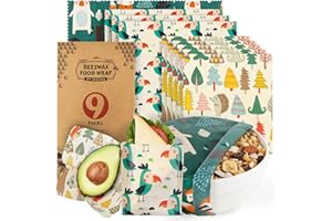 Akeeko Reusable Beeswax Food Wraps - Assorted 9 Packs, Eco-Friendly Reusable Wrap, Biodegradable, Zero Waste, Organic Cloth, Sustainable, Plastic-Free Food Storage, 1Large, 3Medium, 5Small Sizes