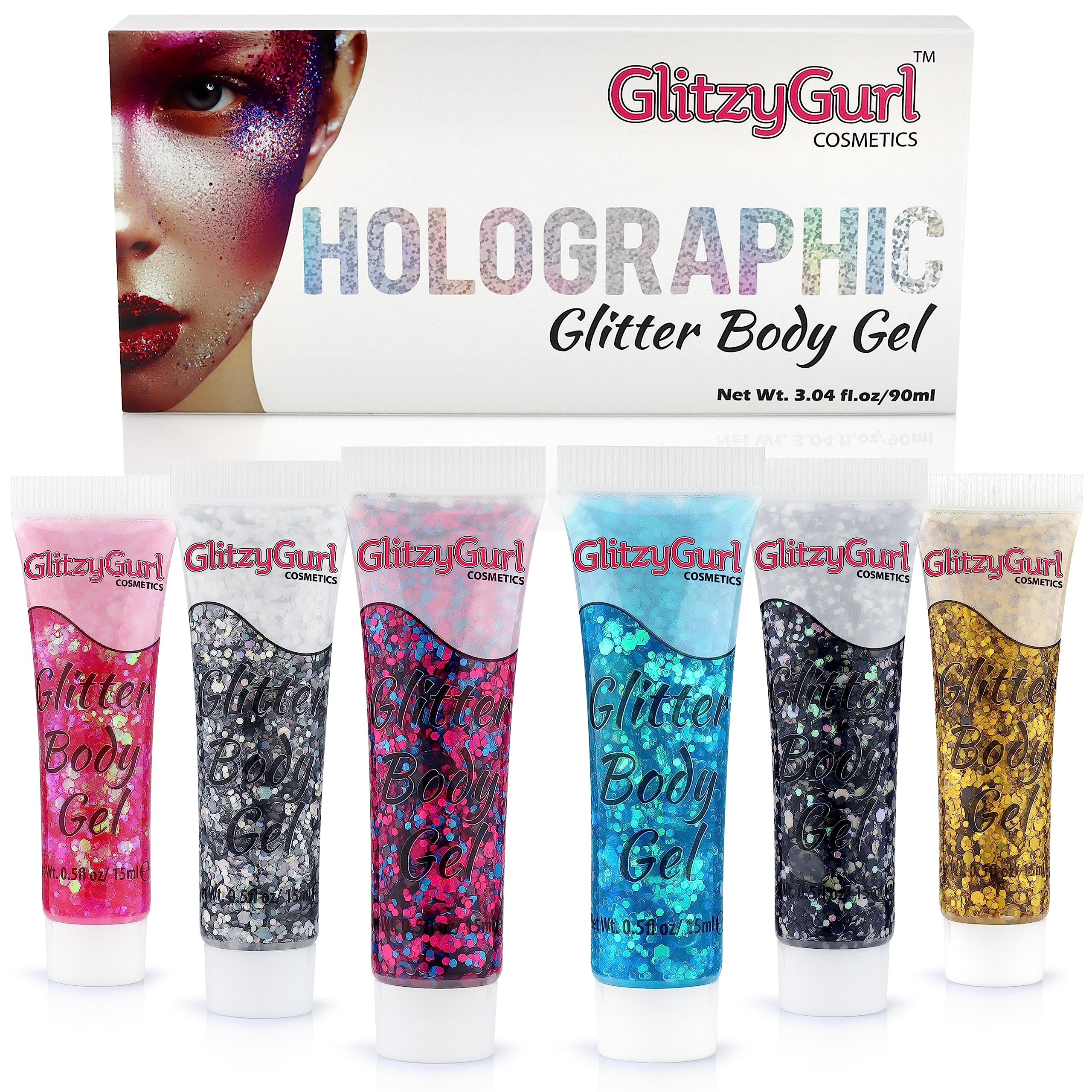 Holographic Glitter Face and Body Gel Festival 6 Pack Cosmetic for Face, Body & Hair Glitter