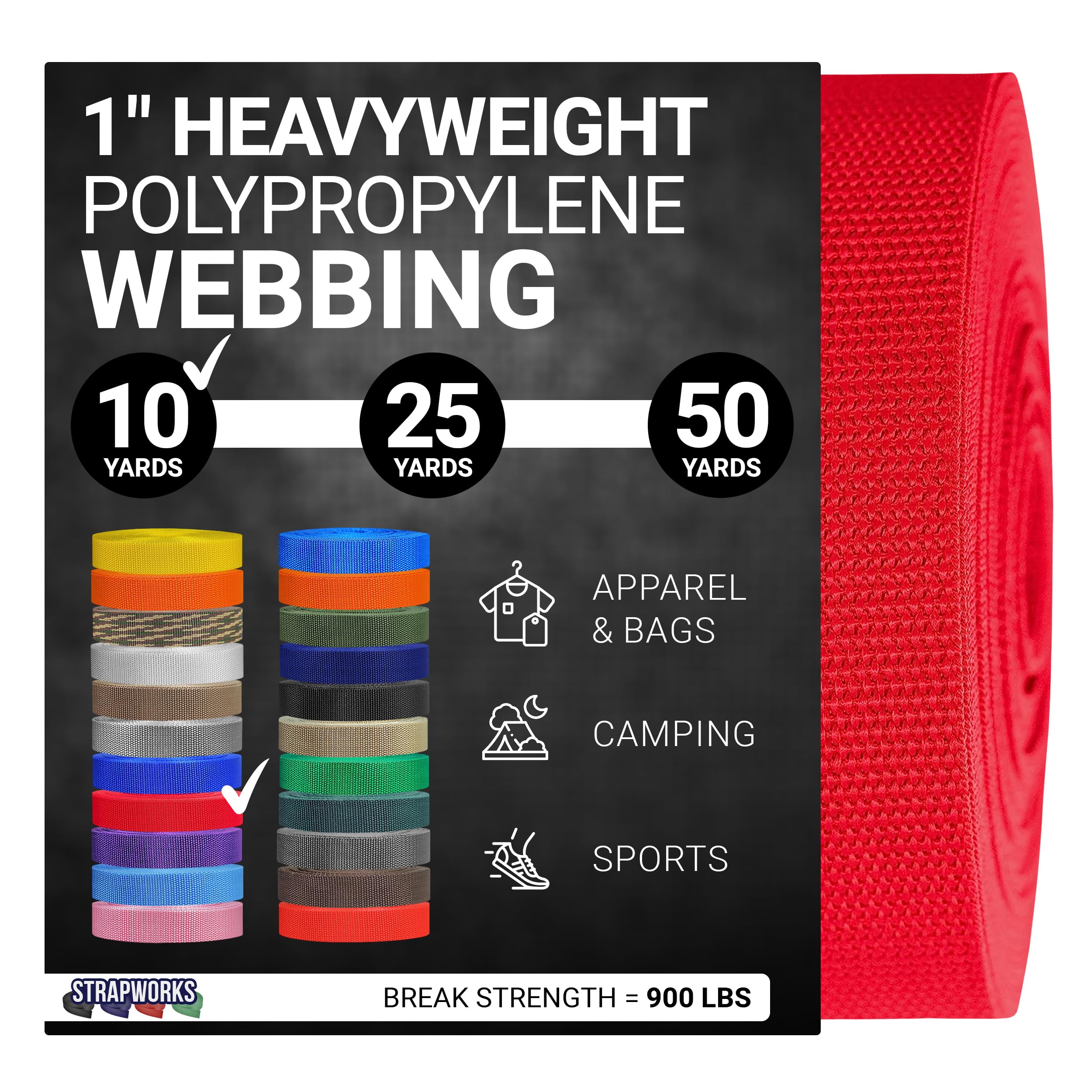 Strapworks Heavyweight Polypropylene Webbing - Heavy Duty Poly Strapping for Outdoor DIY Gear Repair, 1 Inch x 10 Yards - Red